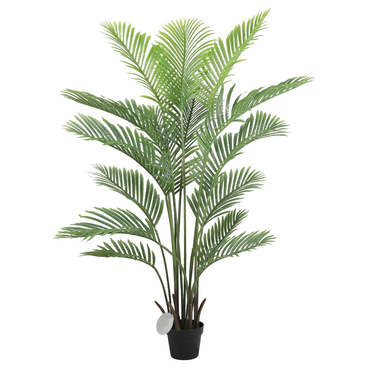 Artificial areca palm tree with green fronds in black pot