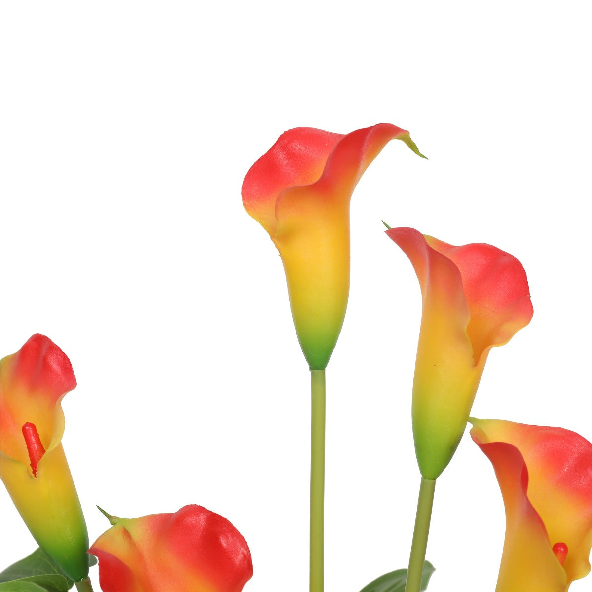 Artificial calla lily flowers with red-orange petals and yellow-green centers on stems