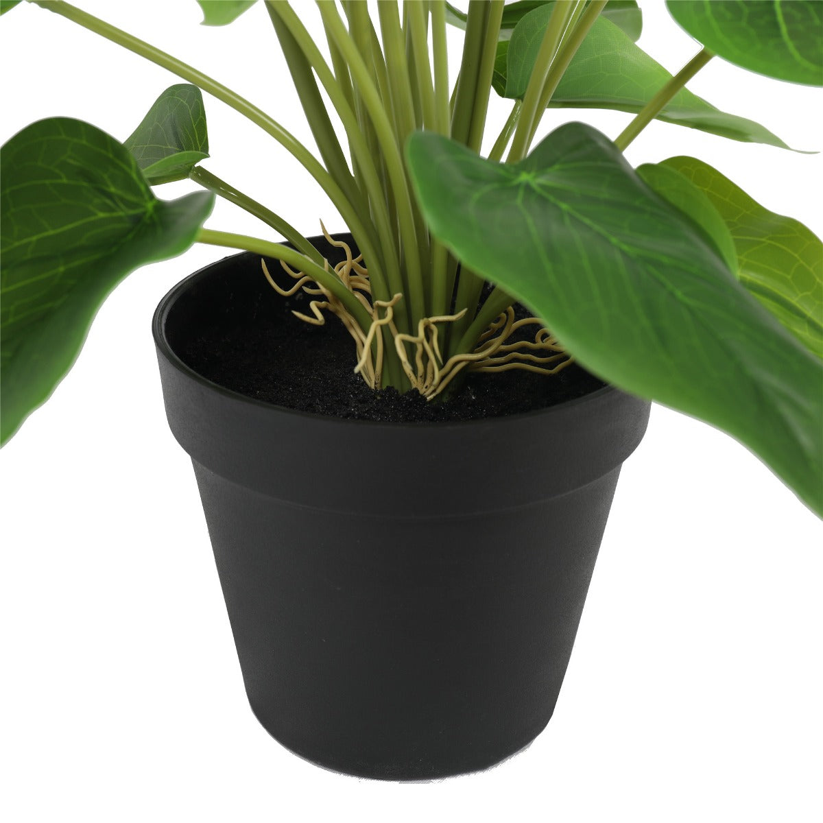 Artificial calla lily plant black pot with green leaves and orange-yellow stems