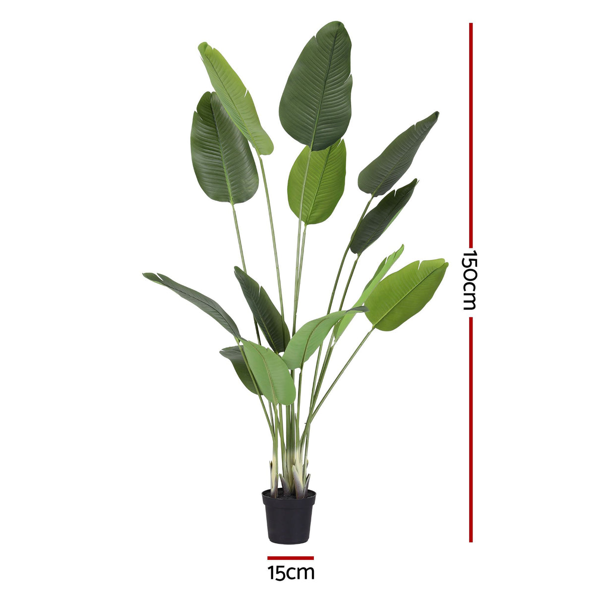 Artificial bird of paradise plant with multiple green broad leaves in a black pot