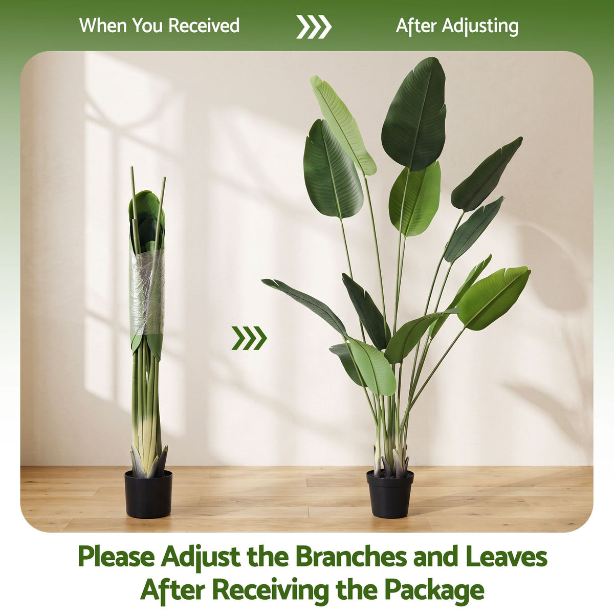 Artificial bird of paradise plant in a black pot with upright green leaves
