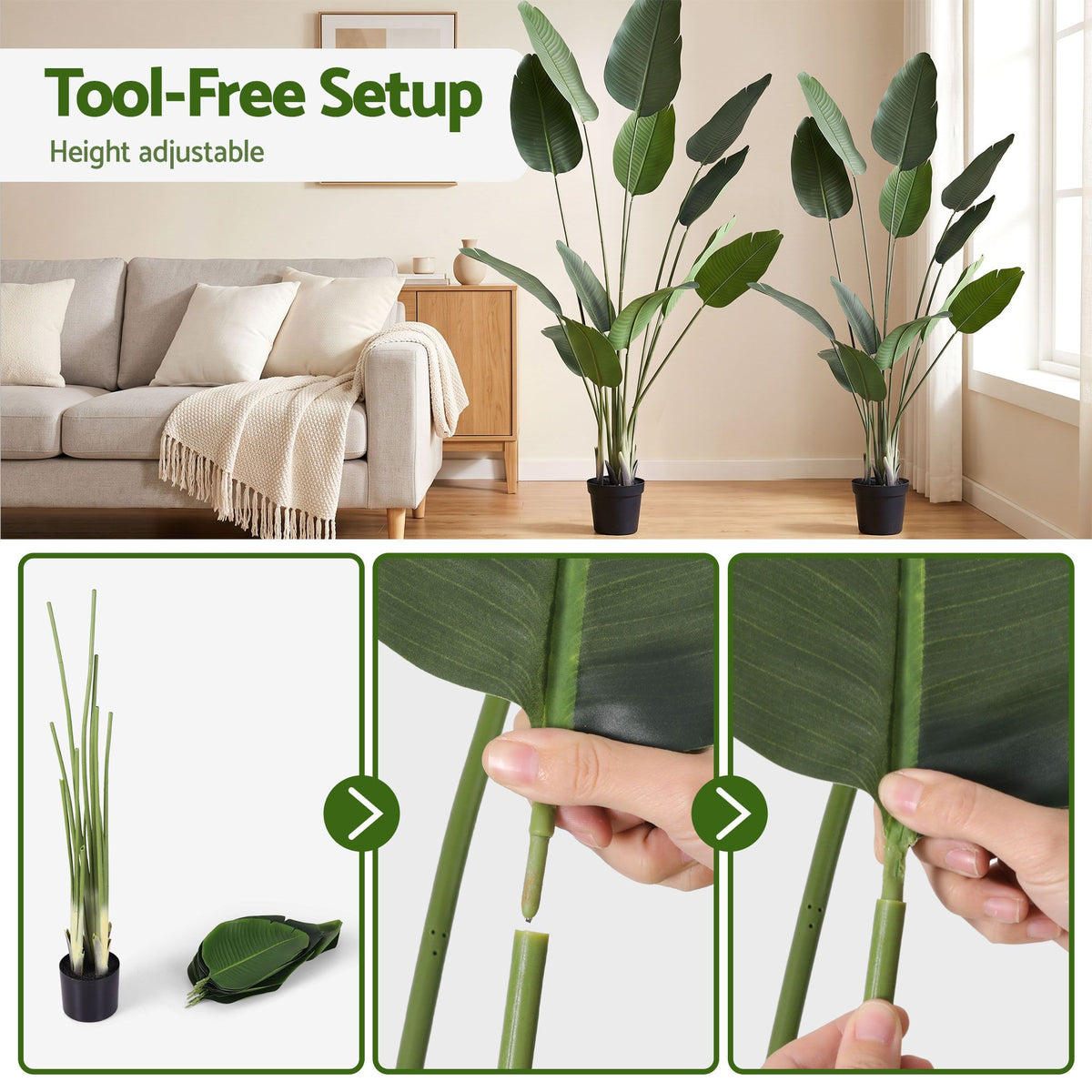 Artificial bird of paradise plant with green leaves and thin stems in a black pot