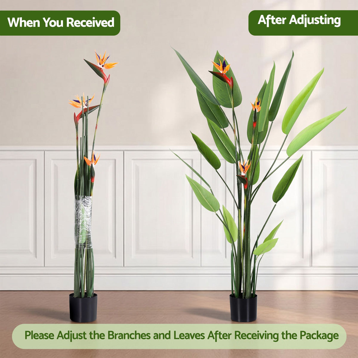 Artificial bird of paradise plant with green leaves and orange-blue blossoms in black pot