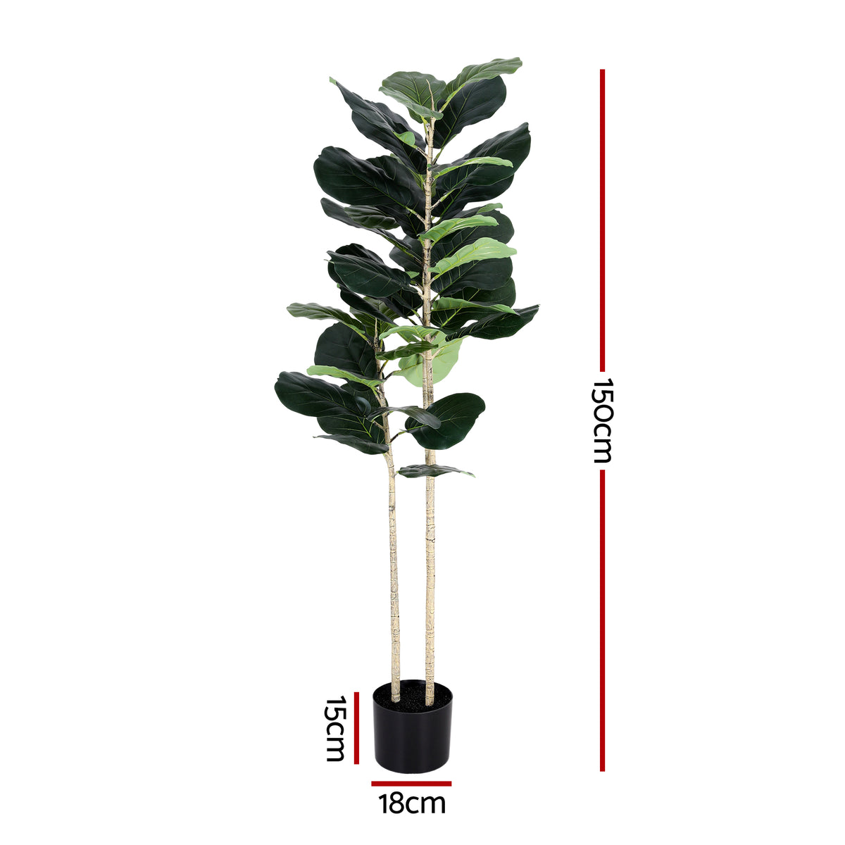 Artificial fiddle tree, 150 cm tall, with dark green leaves in a black pot