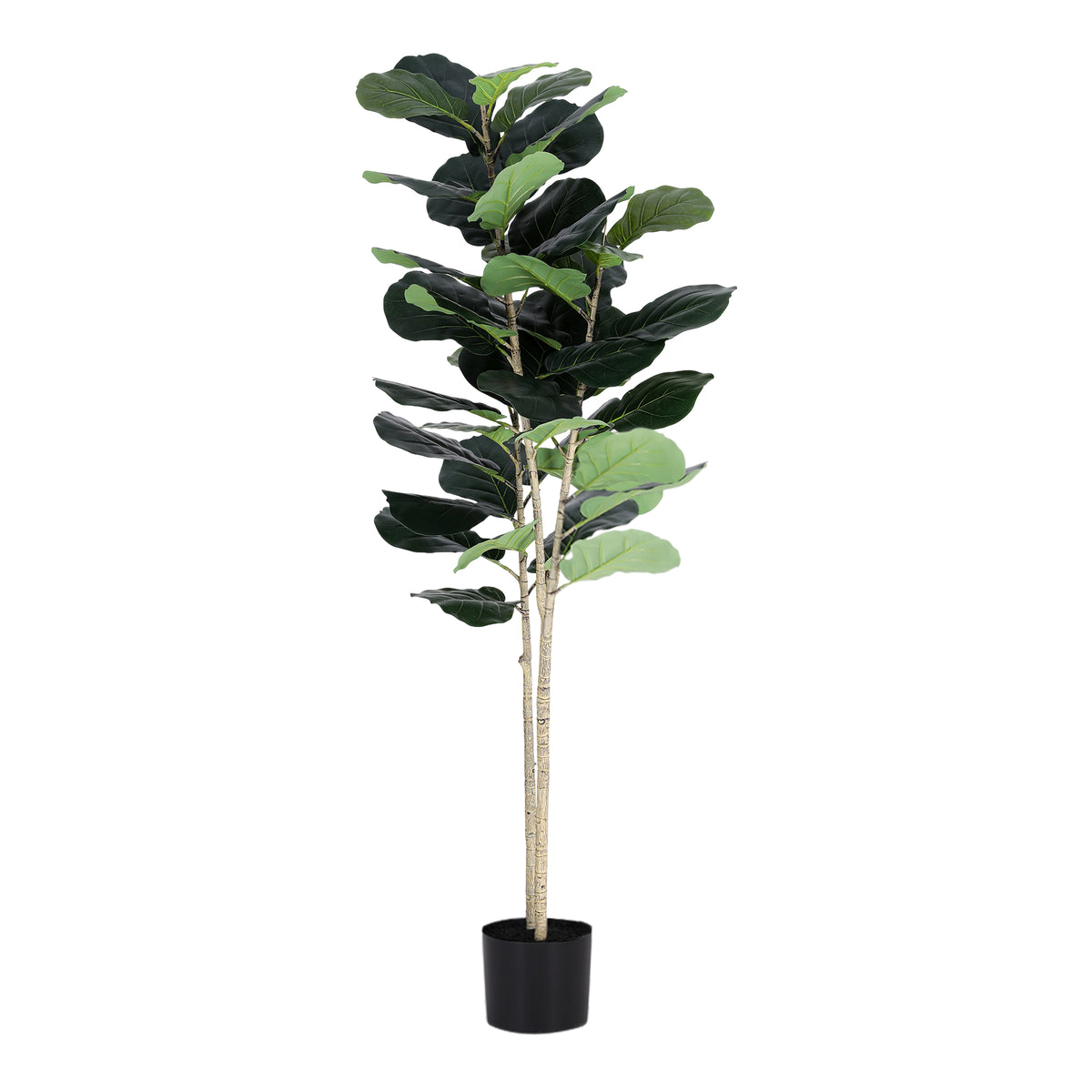Artificial fiddle tree with layered dark green leaves on tall stems in a black pot