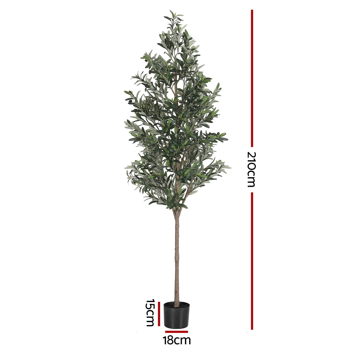 Artificial olive tree with dimensions indicated on a white background