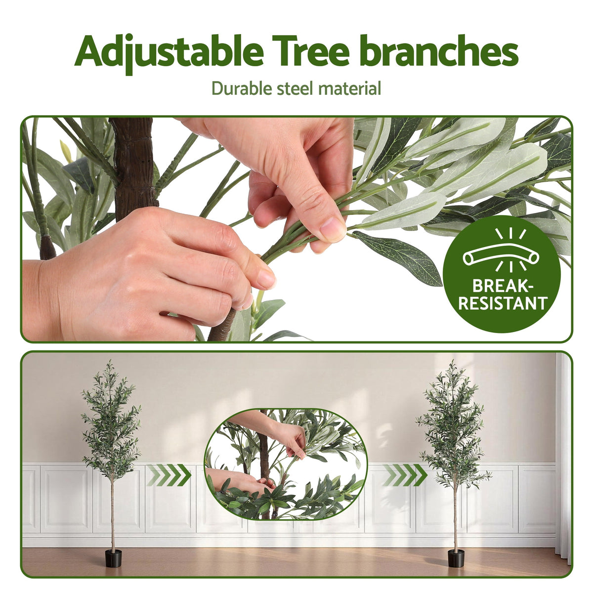 Adjustable tree branches with durable steel material, shown being adjusted and in a room setting.