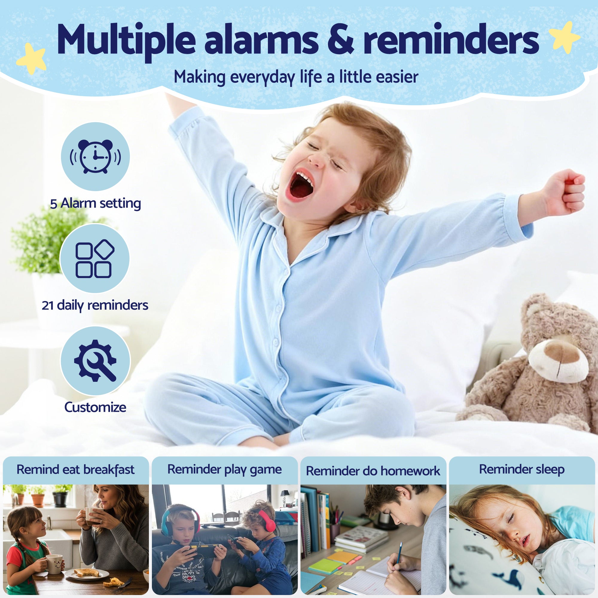 Artiss 7" Digital Day Clock Calendar Alarm LCD Children Sleep Trainer Clocks Blue