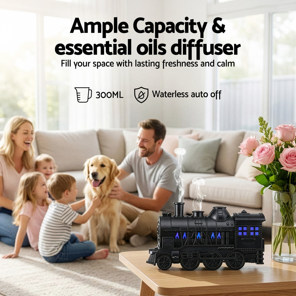 Devanti Train Aroma Diffuser Essential Oil Humidifier 300ml Smoke Ring LED Timer