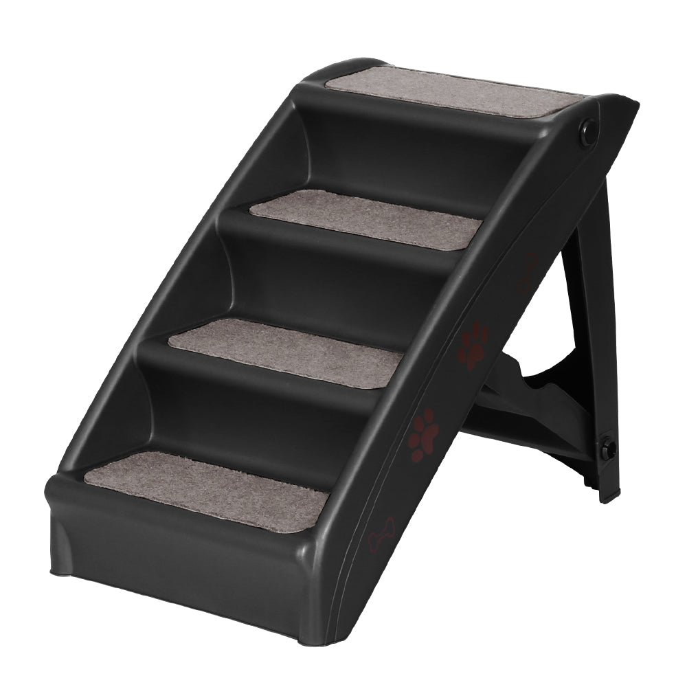 Foldable black dog ramp with 3 non-slip fabric steps and side paw grip decals