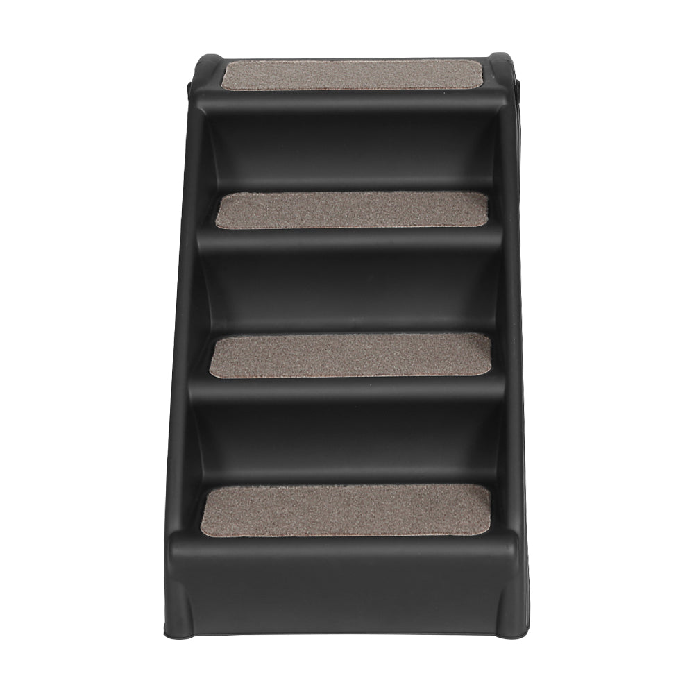 Front view of black dog ramp with four-step style panels and textured treads
