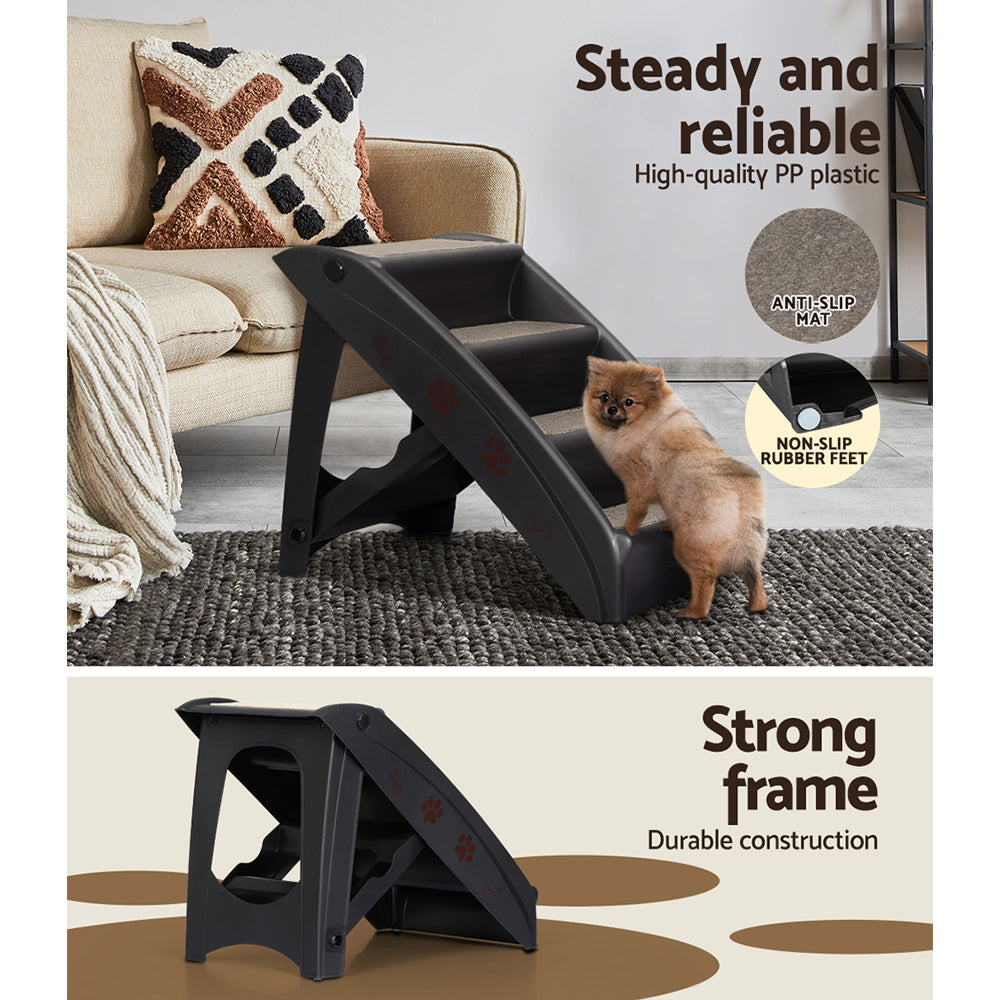 Black portable dog ramp with wide steps and non-slip surface for pet access