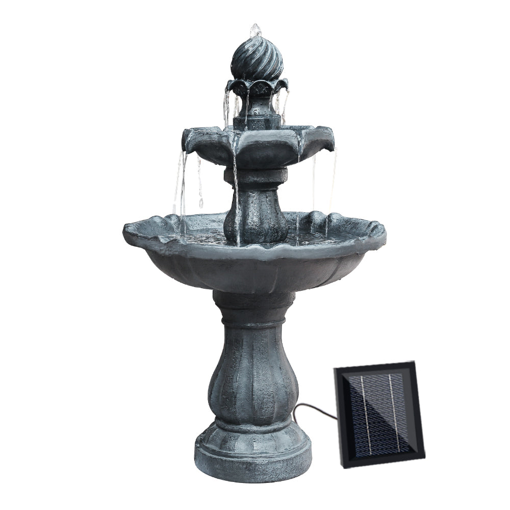Solar three-tier bird bath fountain with dark gray resin basin and solar panel