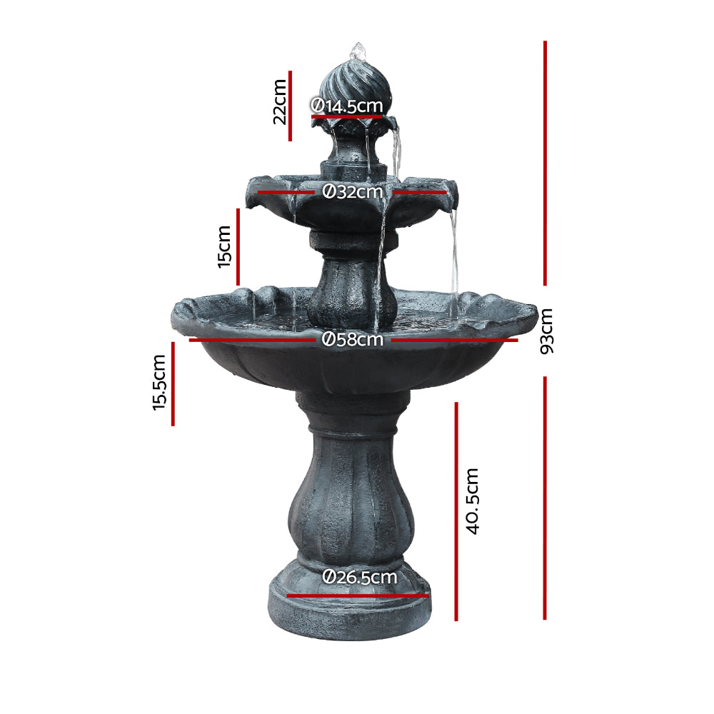 Solar bird bath fountain dimensions view, dark gray three-tier resin water feature