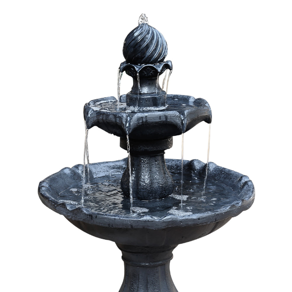 Dark gray three-tier bird bath fountain with water streams pouring from upper spout