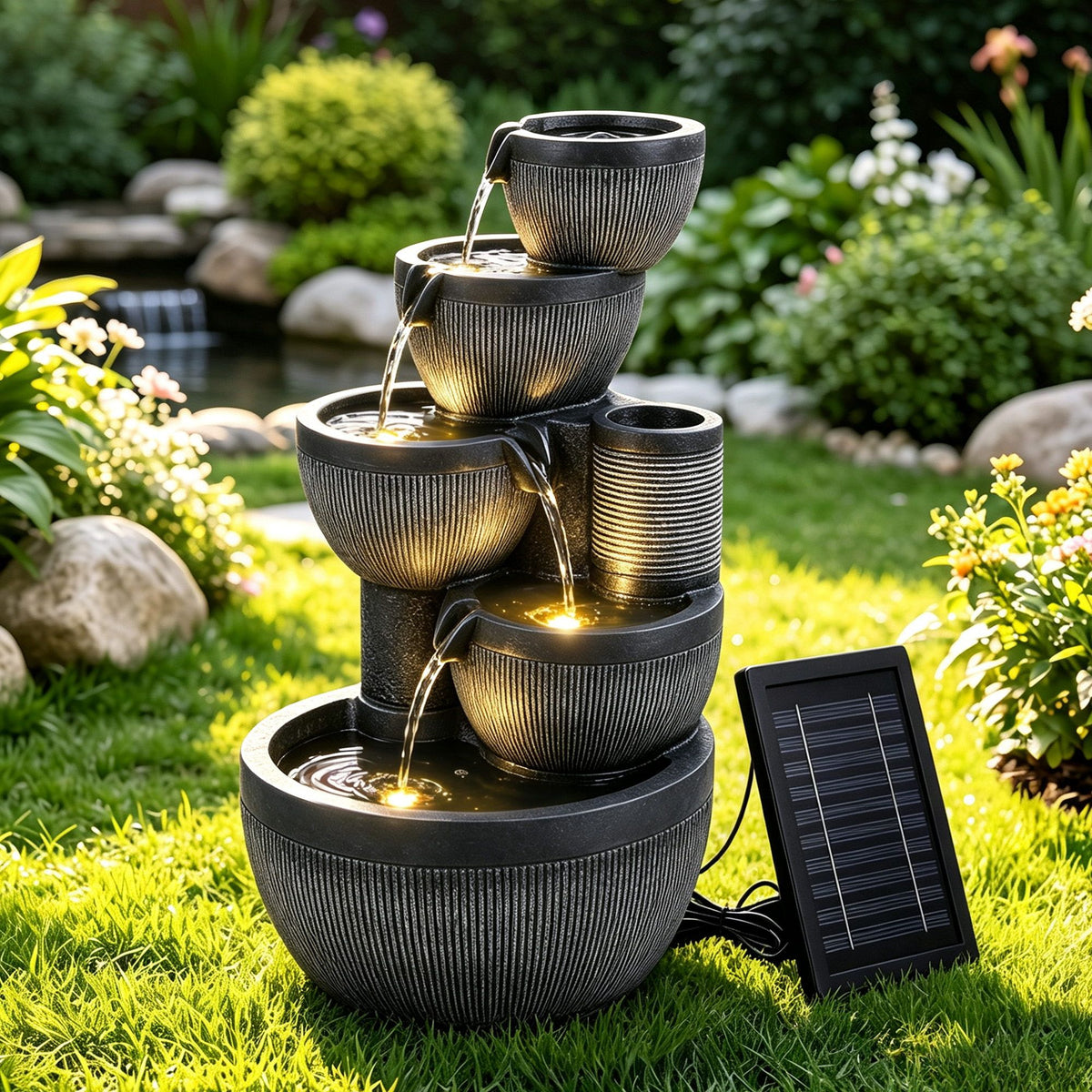 Grey 5-tier cascading solar water fountain with ribbed bowls and small solar panel