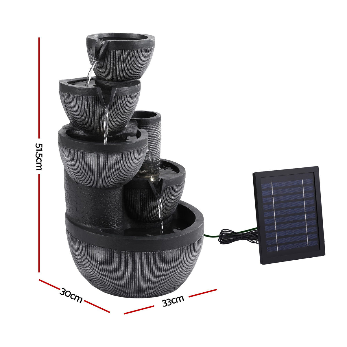 Grey ribbed 5-tier cascading bowl solar fountain with continuous water flow and solar panel