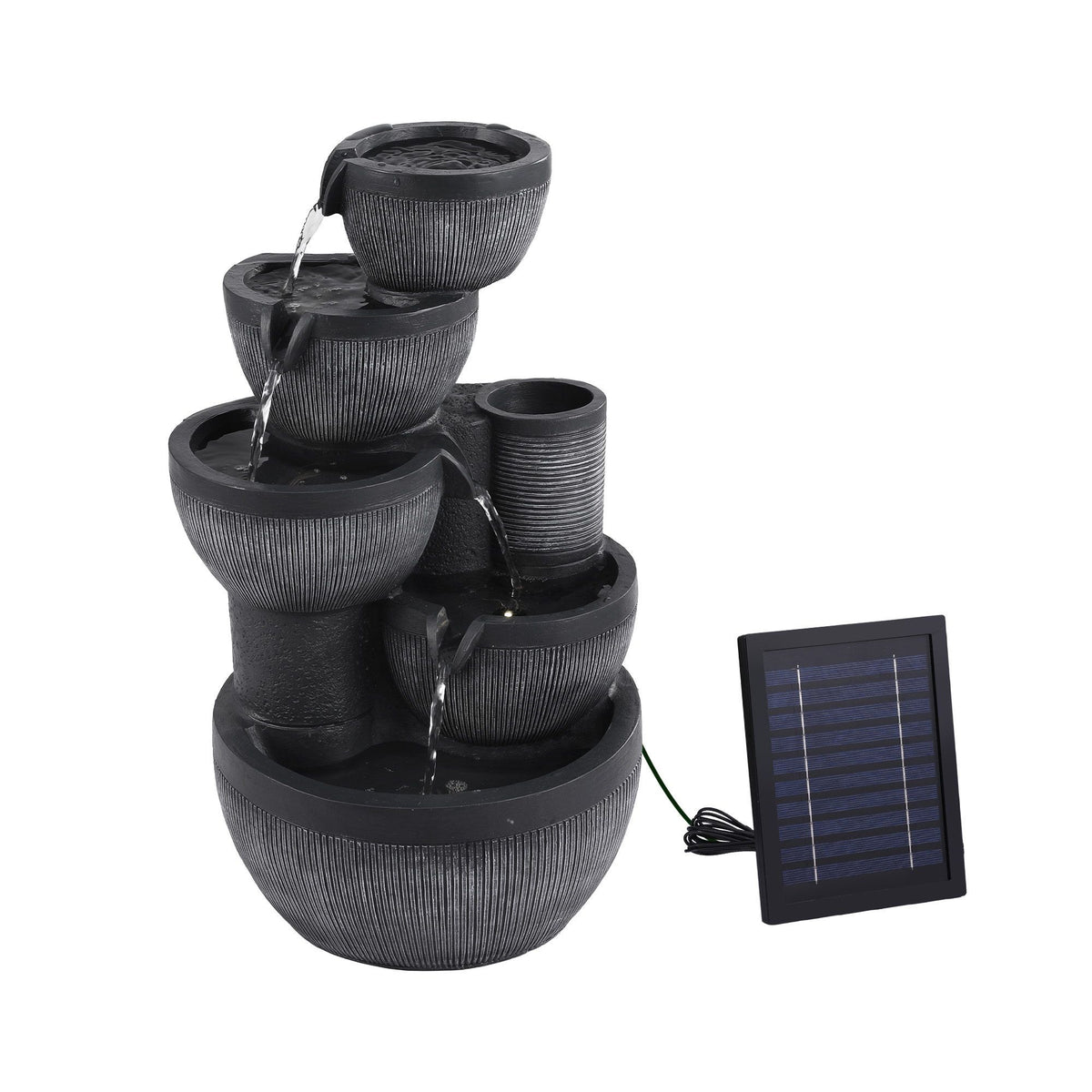 Grey 5-tier cascading solar water fountain with lit bowls, water streams, and solar panel