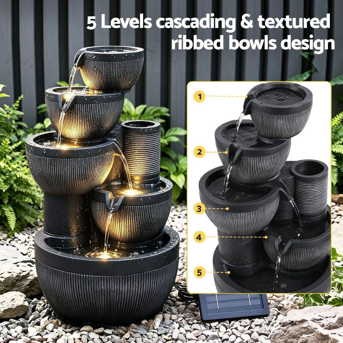 Grey 5-tier cascading ribbed bowl solar fountain with water spillover and solar panel