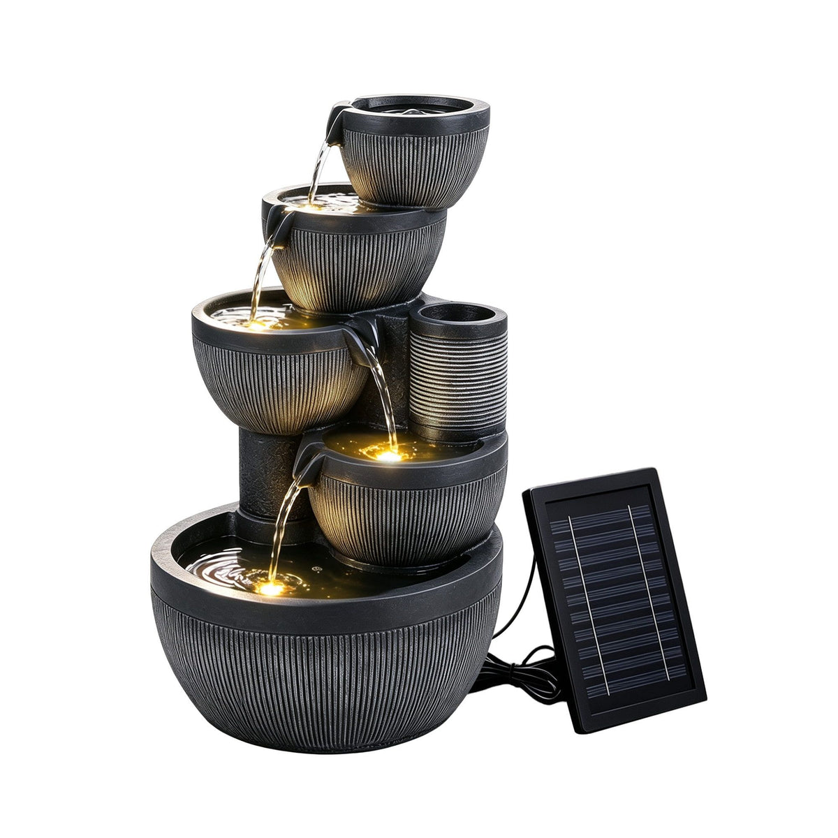 Grey 5-tier cascading bowl solar water fountain with illuminated pump and solar panel