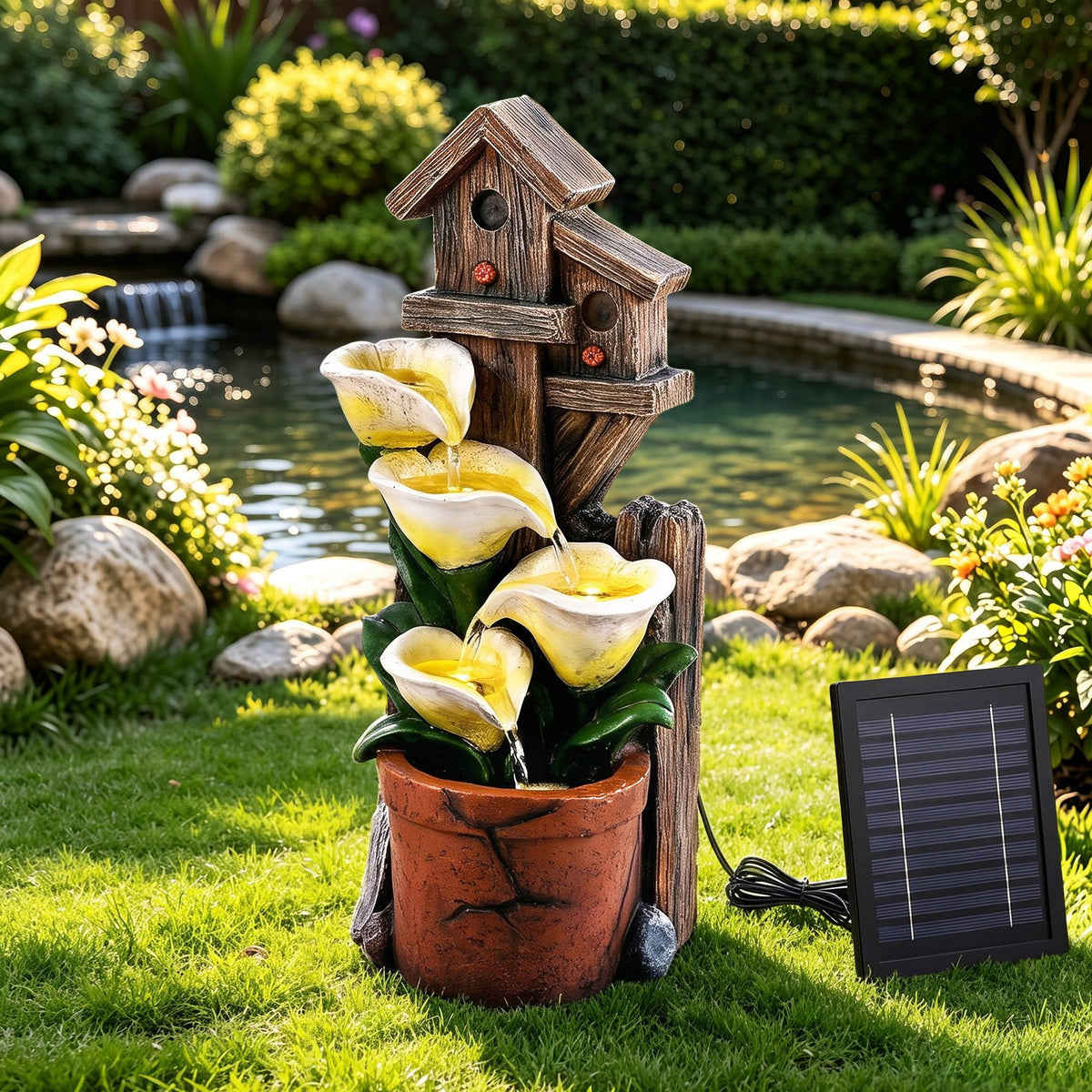 Solar birdhouse cascading fountain with 4-tier flower bowls, warm-lit water in terracotta pot