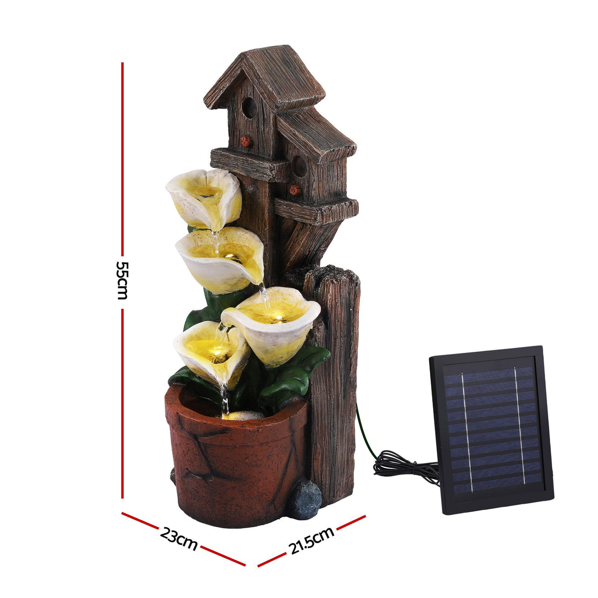 Solar birdhouse cascading fountain with 4-tier flower bowls, terracotta pot and yellow-lit water