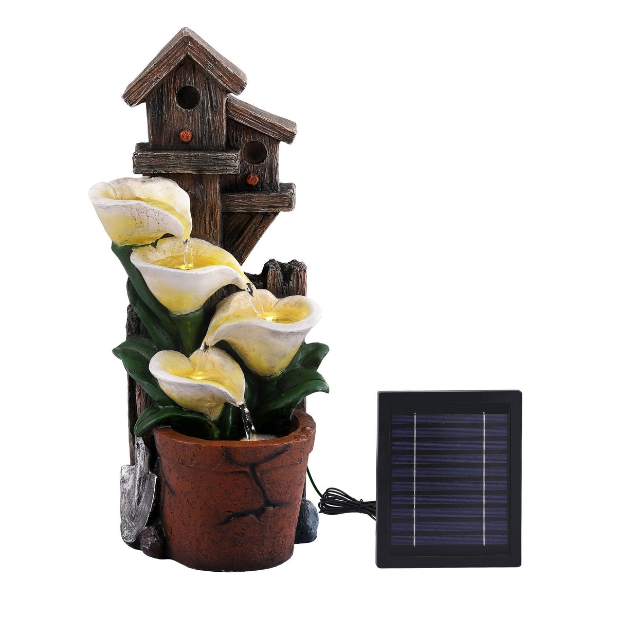 Solar birdhouse cascading fountain with 4-tier flower bowls, terracotta pot and attached solar panel