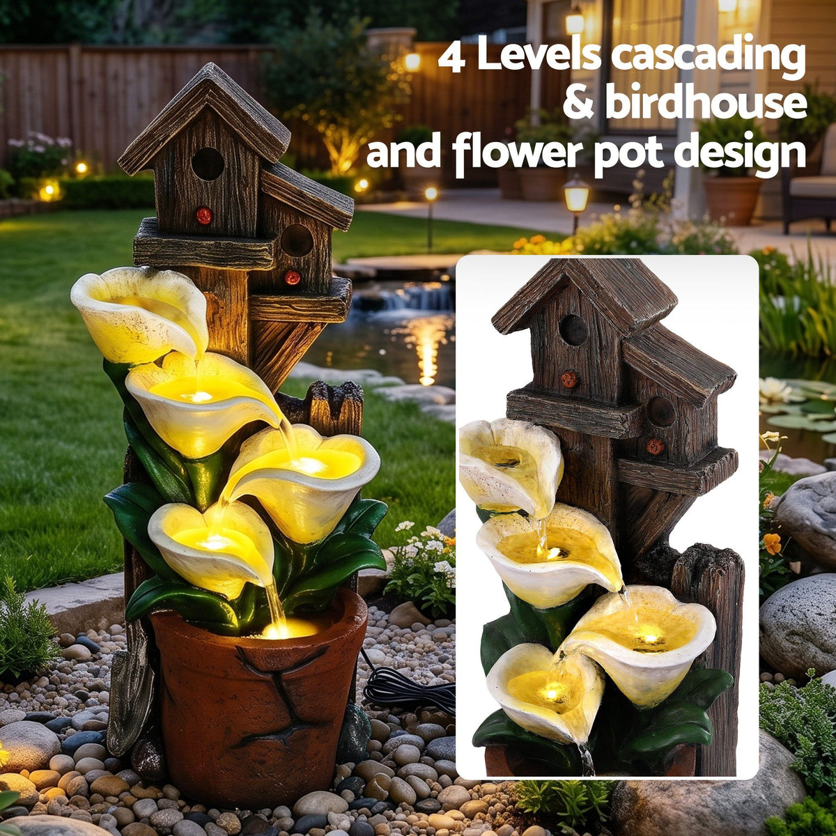 Solar birdhouse cascading fountain with 4-tier flower bowls and warm-lit water, terracotta pot