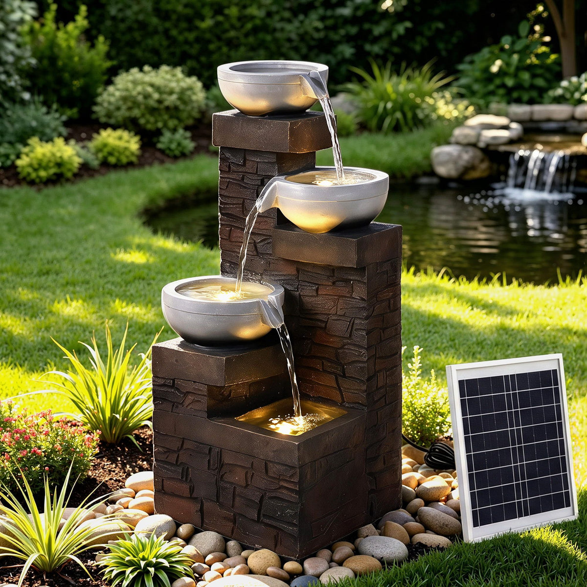 Brown 4-level solar cascading water fountain with three round bowls and flowing stream