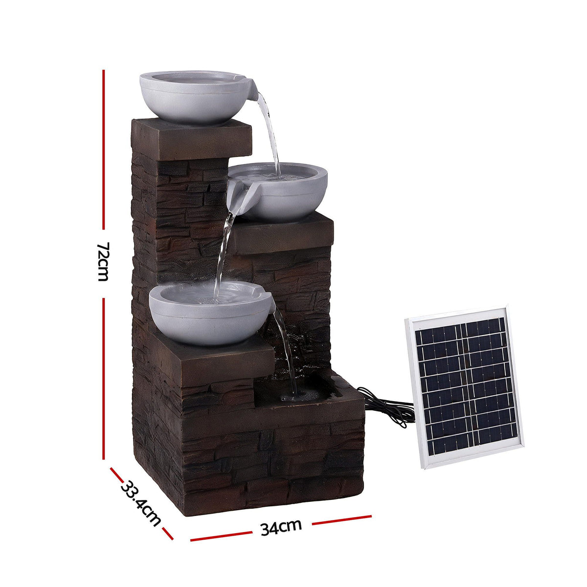 Brown 4-level solar fountain with three stacked bowls and attached solar panel