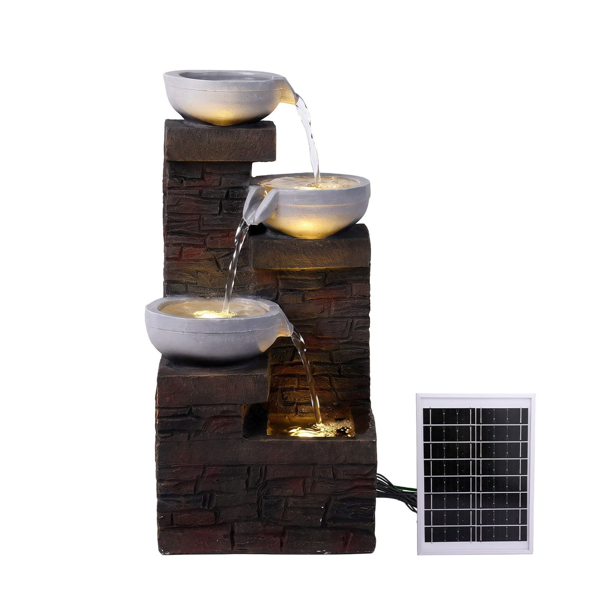 Brown 4-level solar cascading fountain with three bowls and water pouring from top