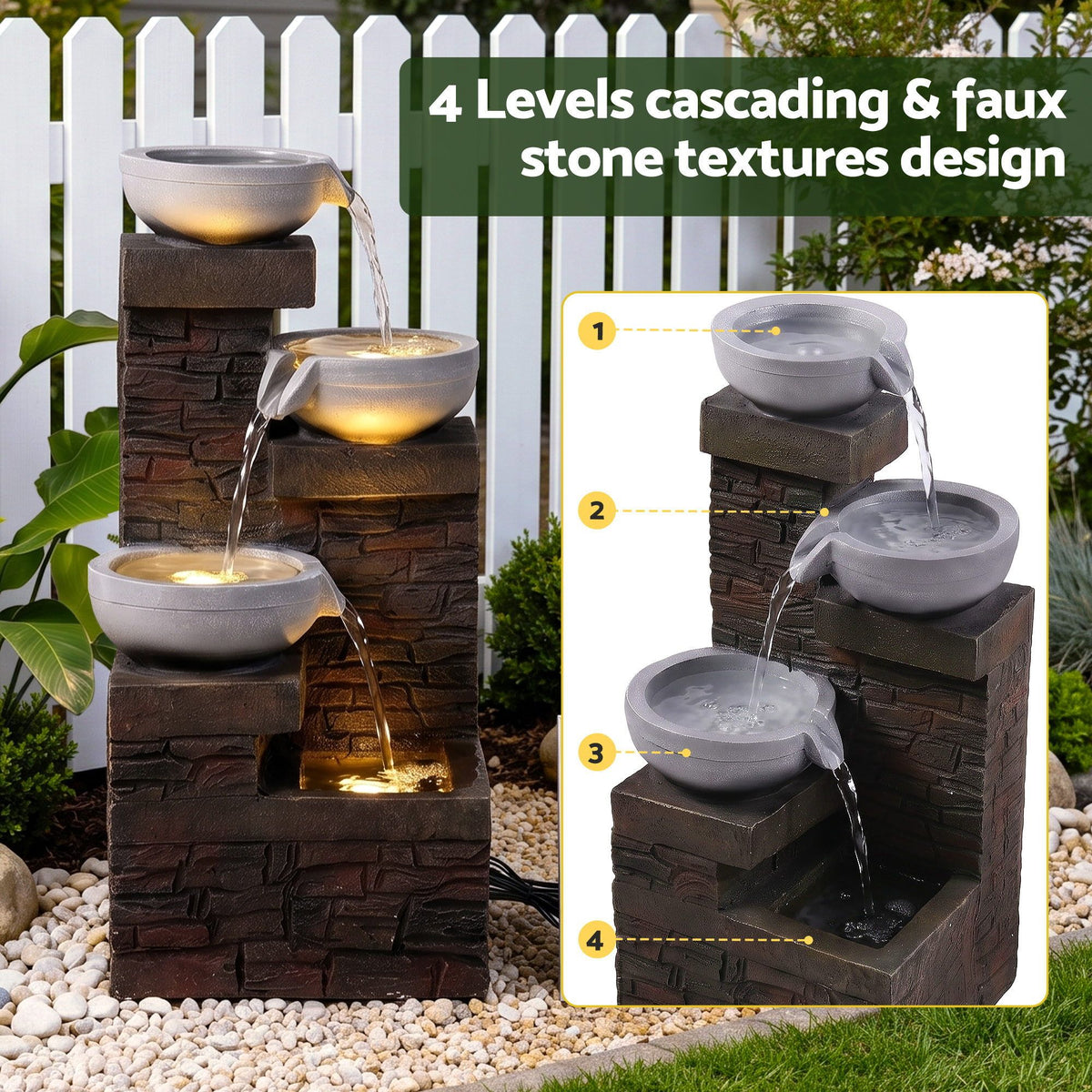 Brown stone-look 4-tier cascading fountain with three illuminated bowls and flowing water