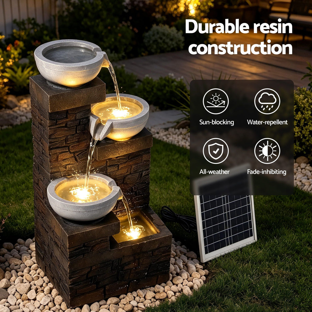 Brown resin solar fountain with three lit bowls, continuous cascade, and included solar panel