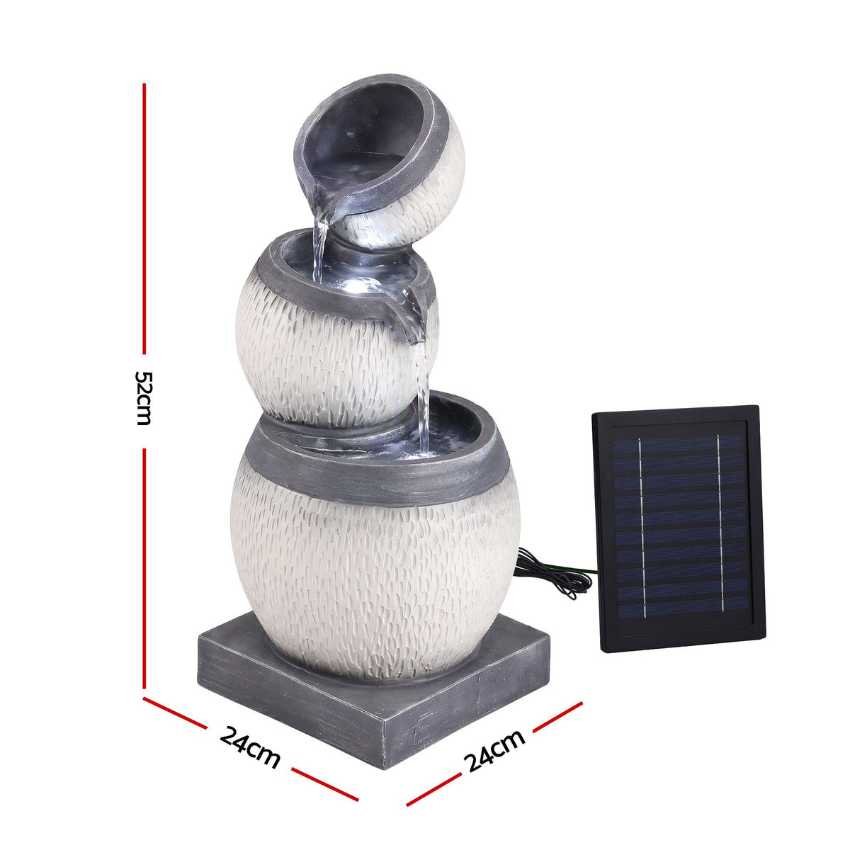 Grey three-tier cascading water fountain with solar panel and stone-texture stacked bowls.