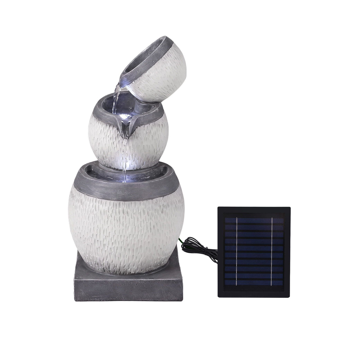 Grey three-tier cascading water fountain with solar panel; angled view of stacked stone-texture bowls.