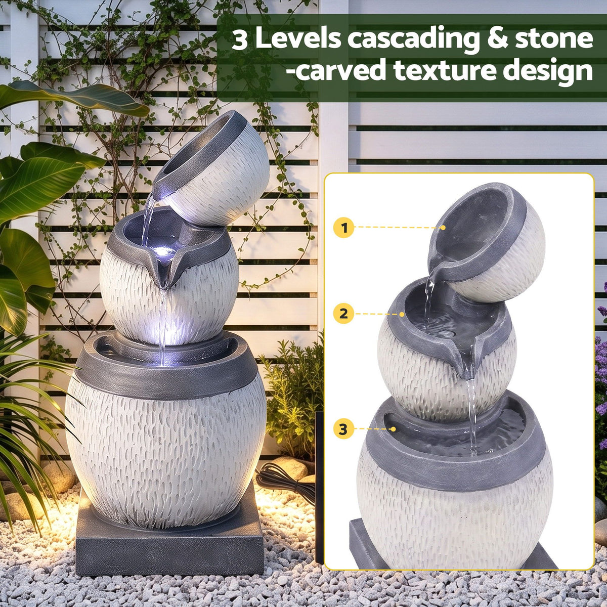 Grey three-tier cascading water fountain with solar panel; glowing water flow over stone-texture bowls.