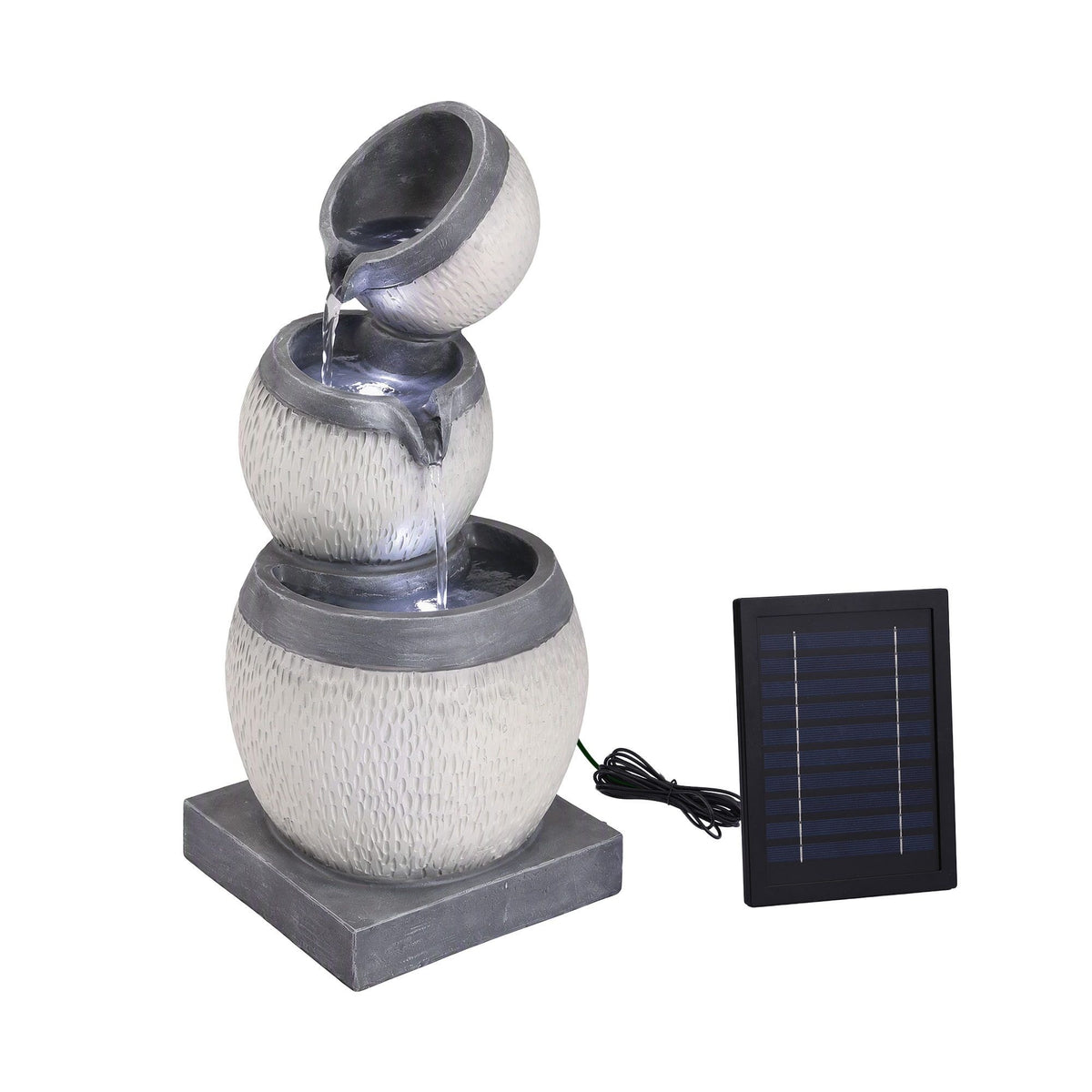 Grey three-tier cascading water fountain with solar panel, three stacked stone-texture bowls.