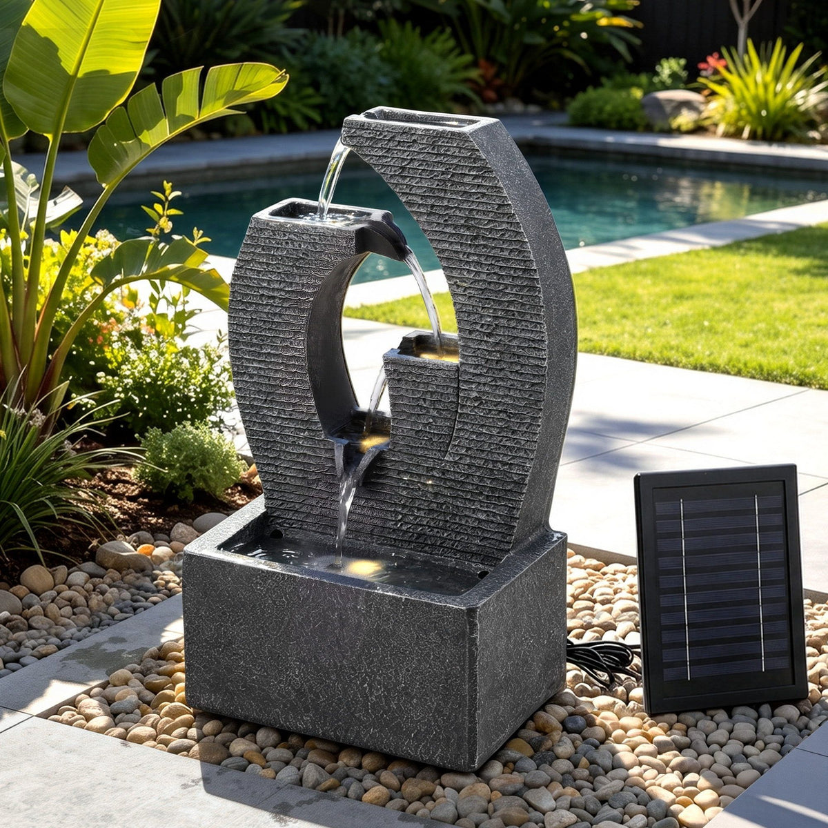 Black resin solar fountain with arched cascade and square base