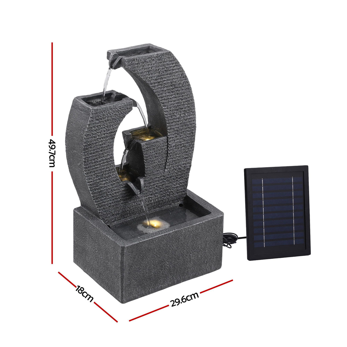 Black resin solar fountain with cascading tiers and included solar panel