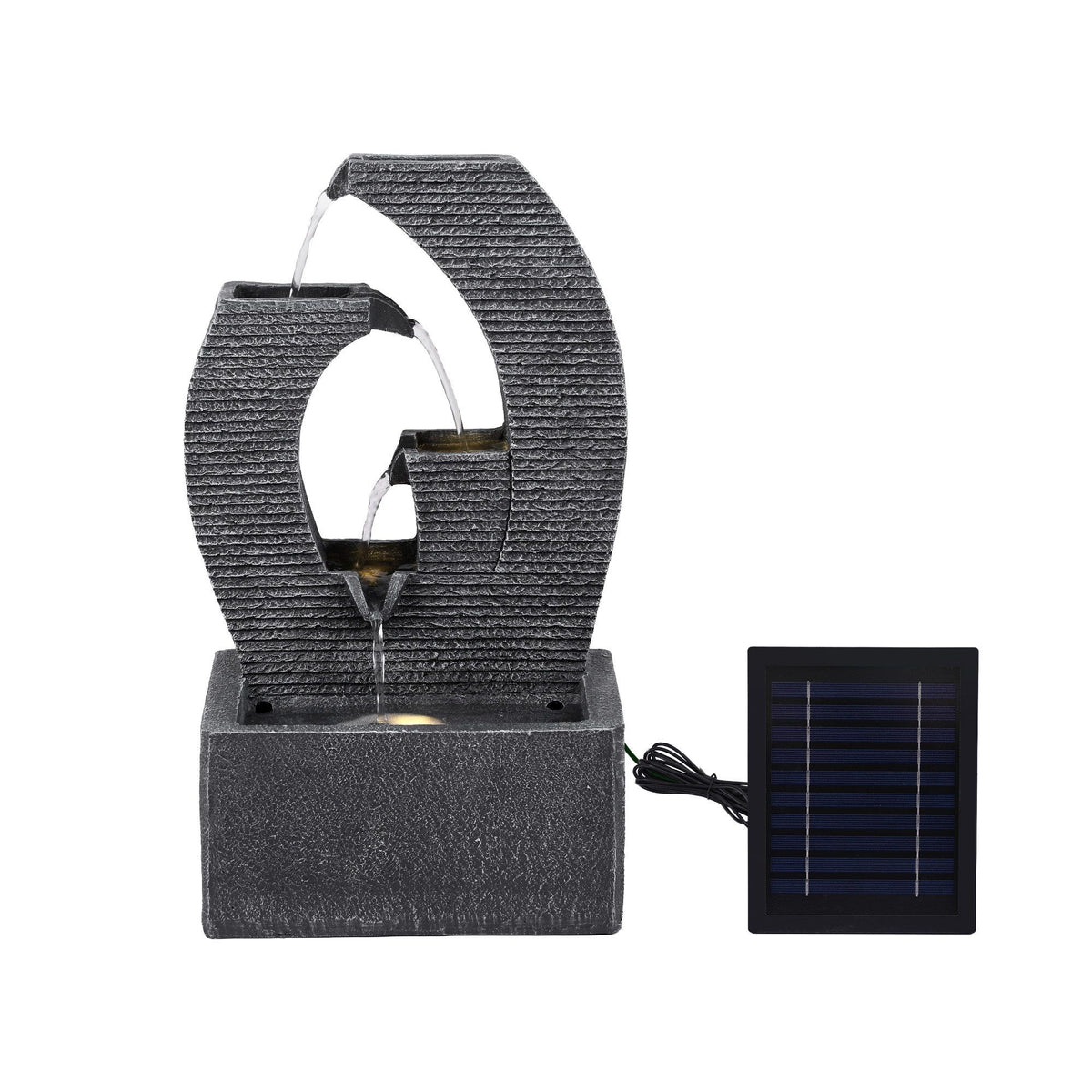Black resin solar fountain with arched waterfall stream and solar panel