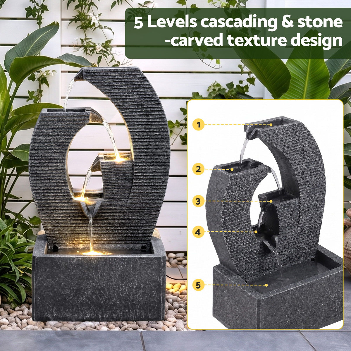 Black resin solar fountain with multi-tier cascading water feature and solar panel
