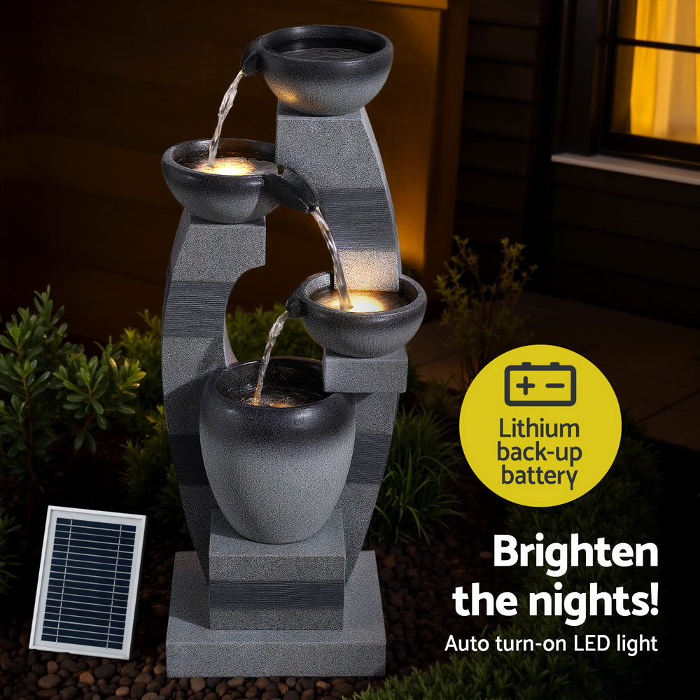 Solar Fountain Water Feature Outdoor Fountain Indoor 4-Tier Bowl Cascading Grey