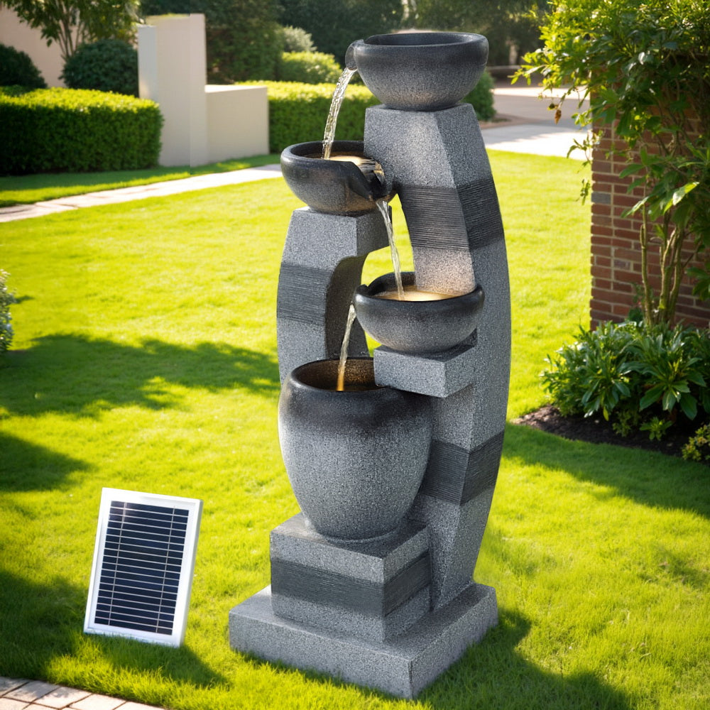 Solar Fountain Water Feature Outdoor Fountain Indoor 4-Tier Bowl Cascading Grey