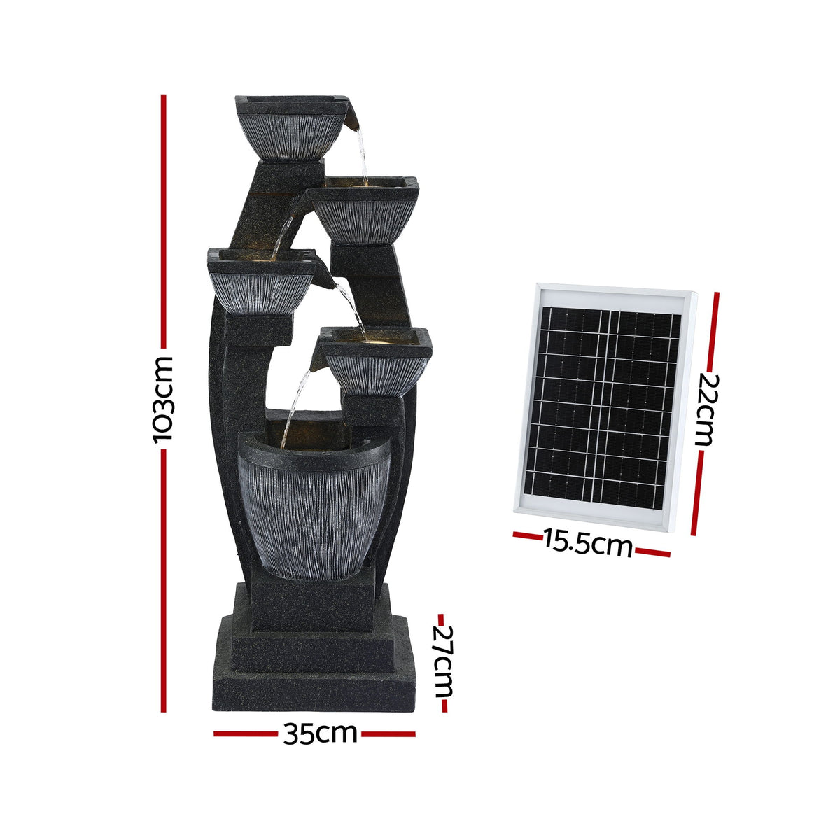 Outdoor water fountain with solar panel dimensions displayed