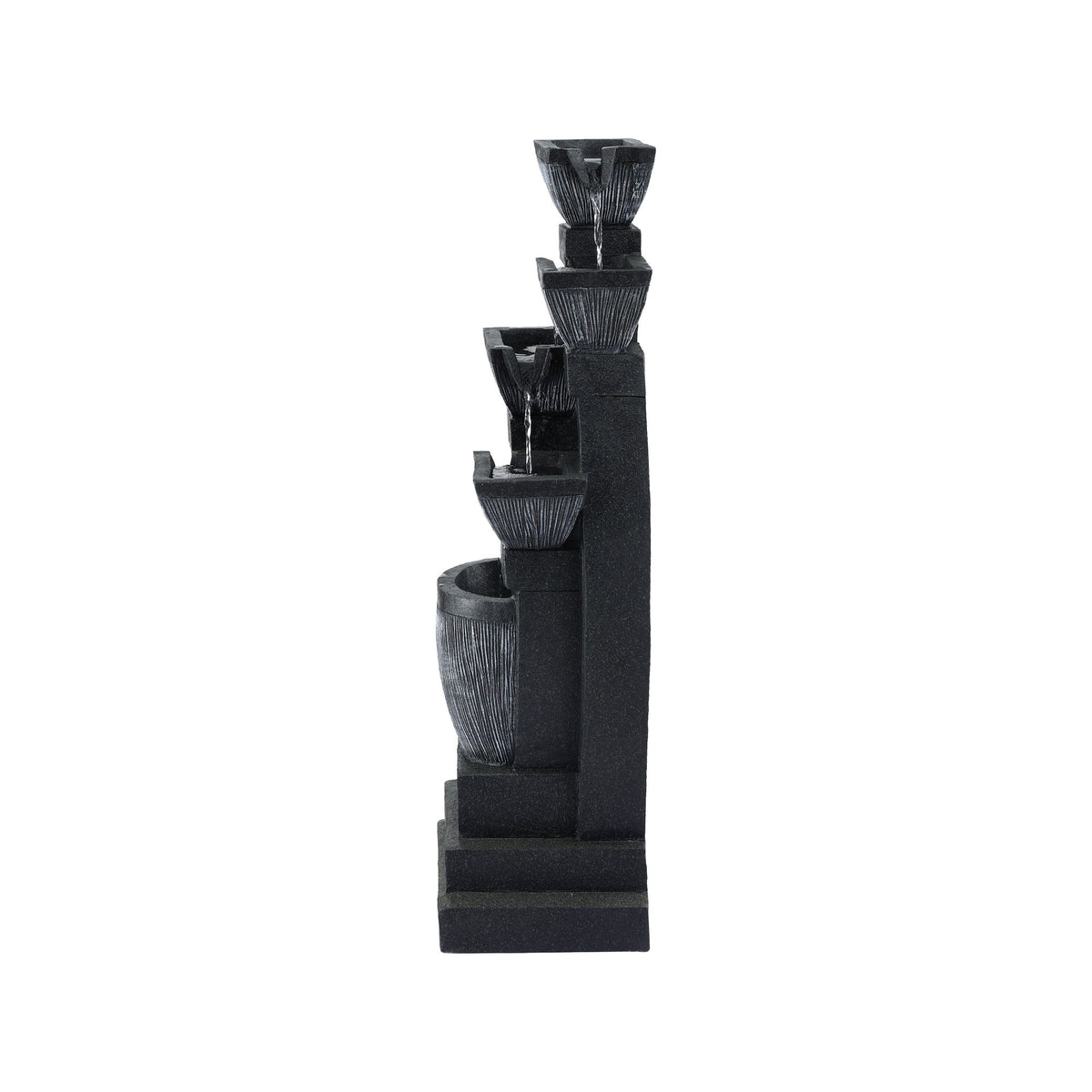 A black tiered waterfall fountain sculpture with textured stone-like surfaces and a rectangular base, shown against a plain white background.