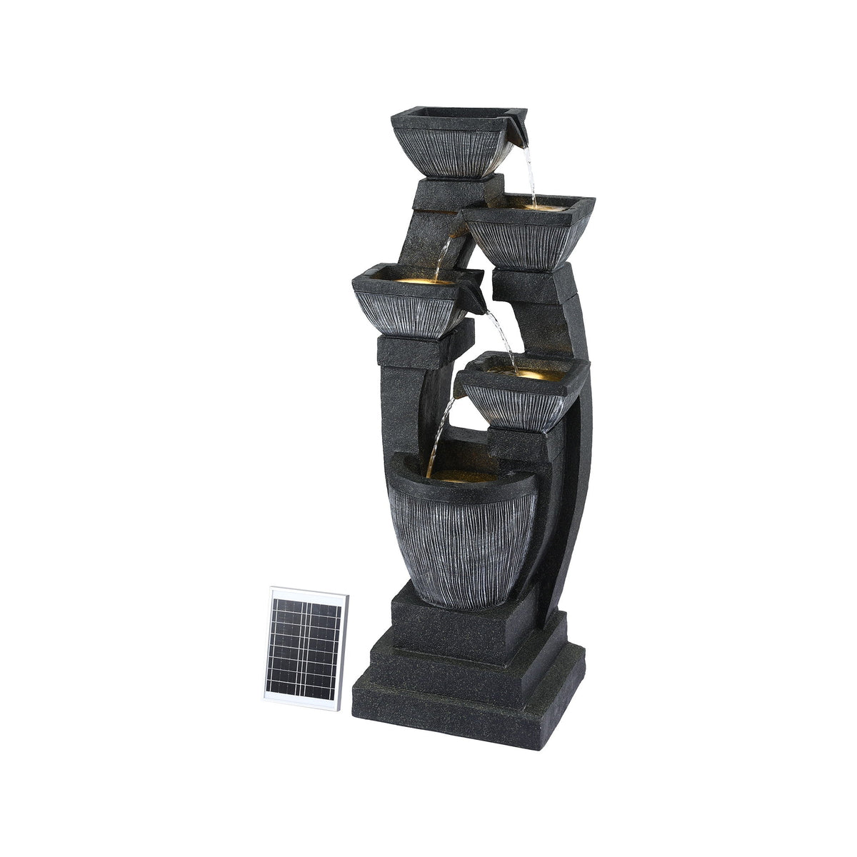 Solar-powered outdoor fountain with four tiers on a white background