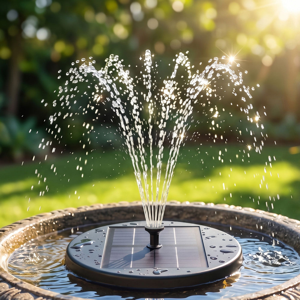 Black solar bird bath fountain pump with water spray from central nozzle