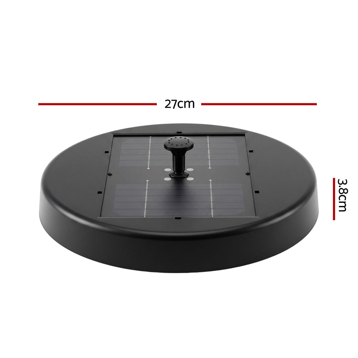 Black solar fountain pump for bird bath, top view with 27 cm size indicator