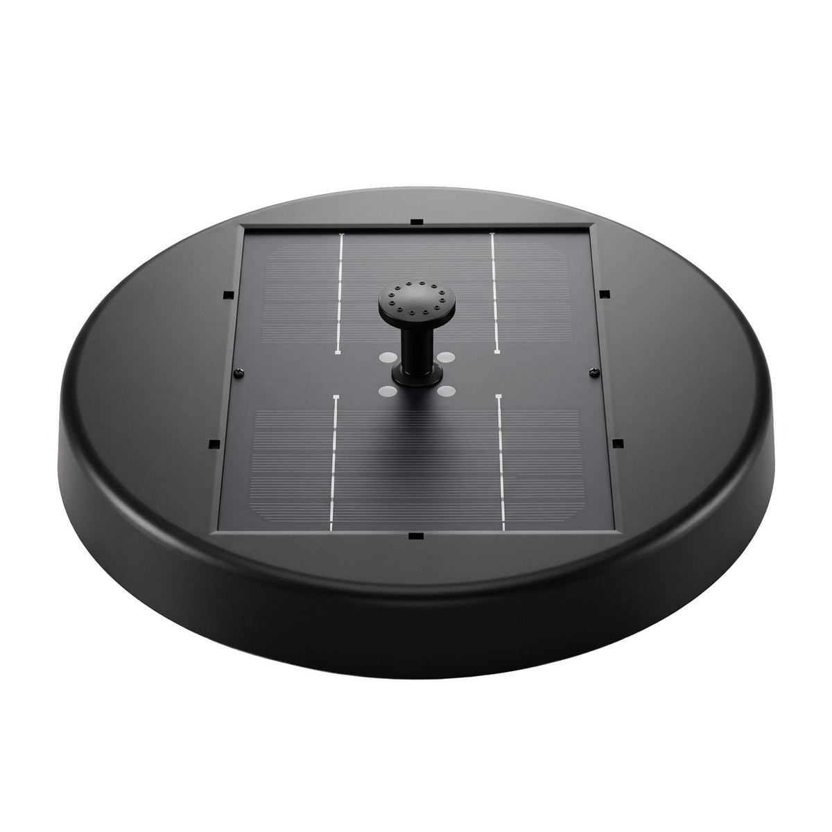 Black solar bird bath fountain pump, front top view with spray nozzle