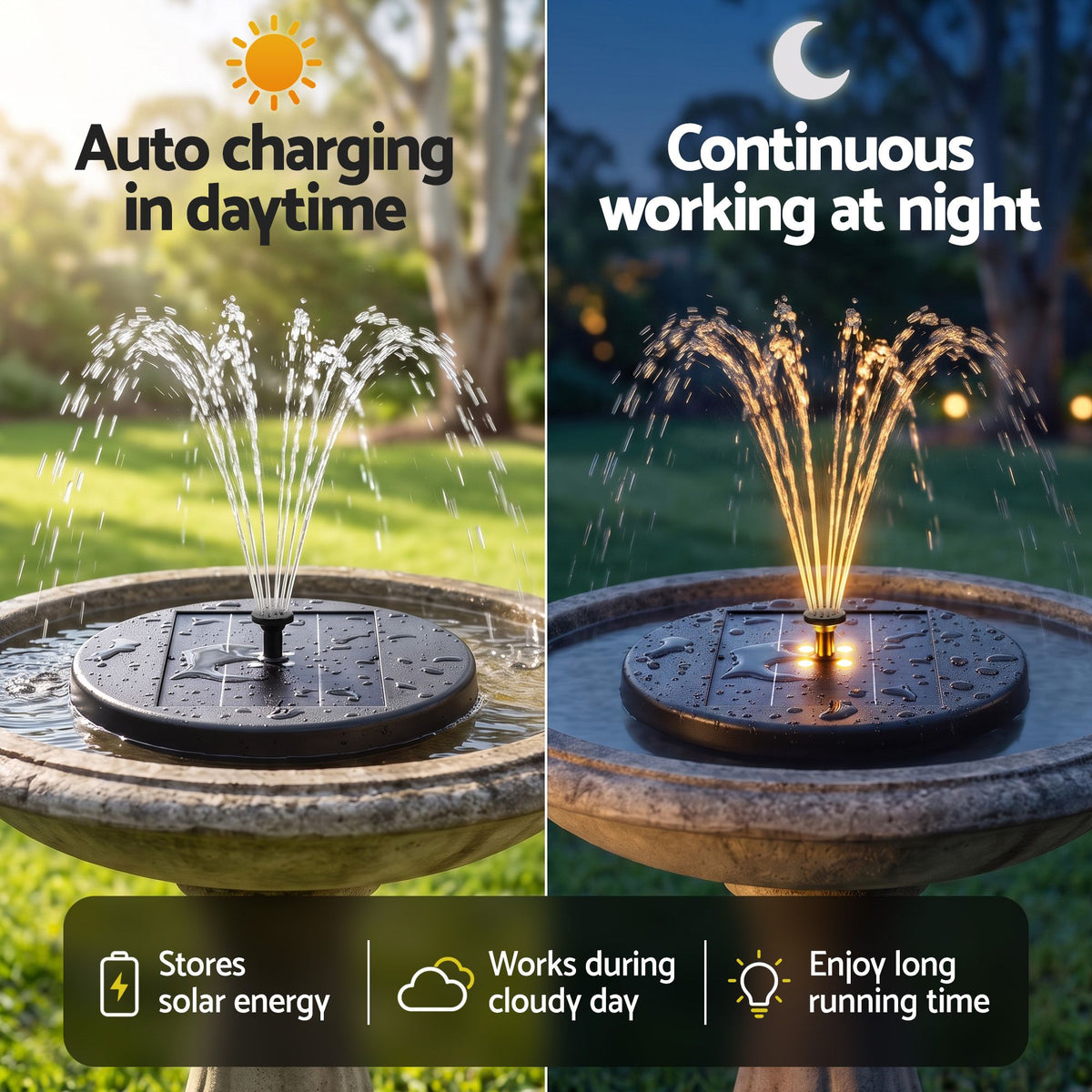 Black solar fountain pump for bird bath with LED-lit water spray at night